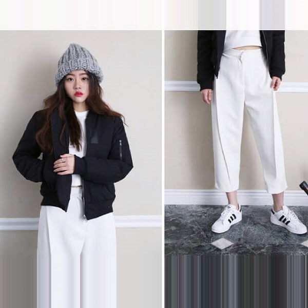 Áo bomber kết hợp với quần ống rộng sáng màu cho nữ học sinh