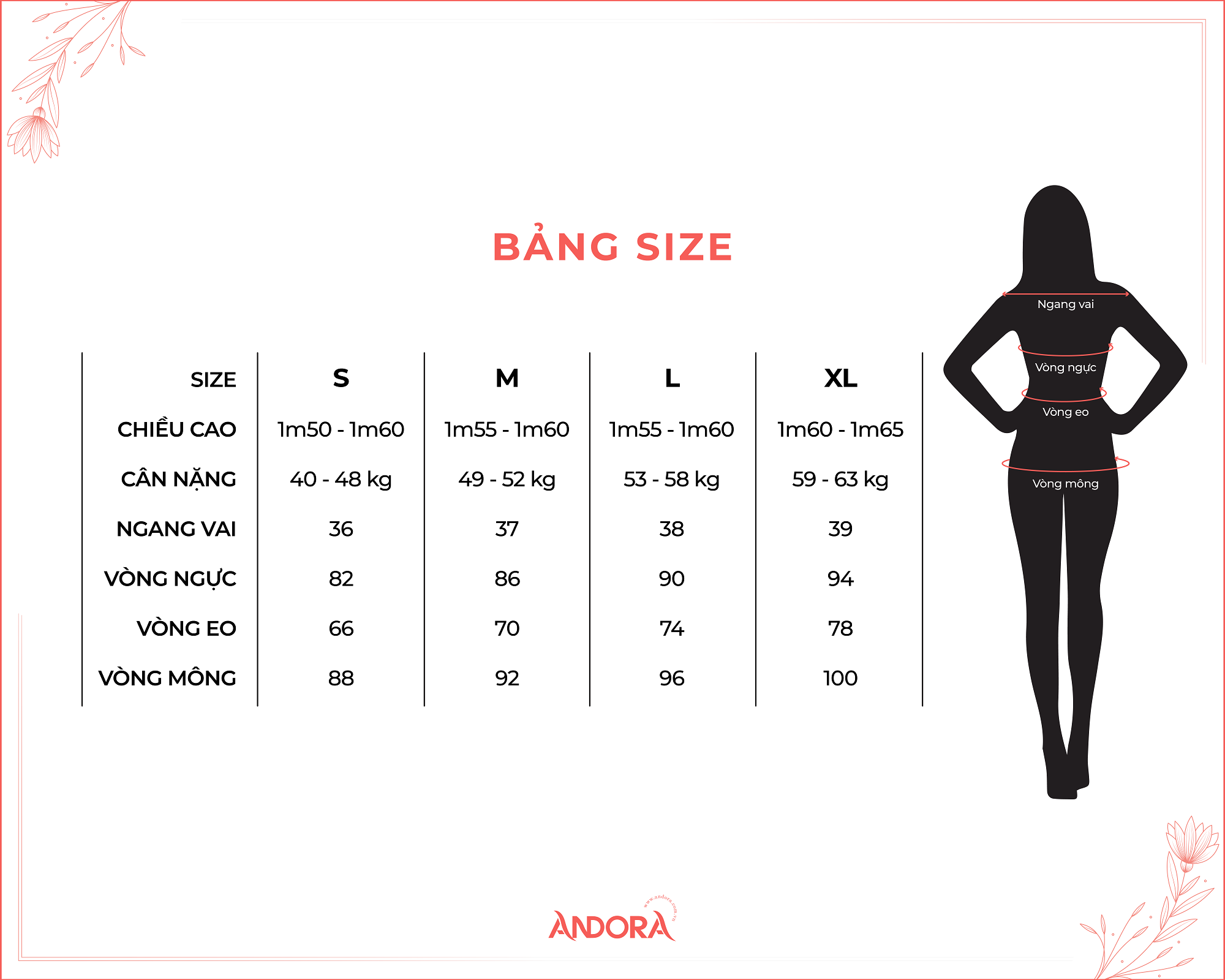 Bảng size sản phẩm thời trang công sở tại Andora