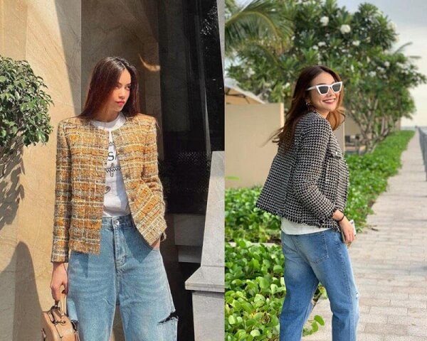 Phối áo dạ tweed với quần jean rách