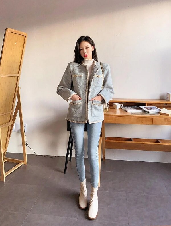Phối áo dạ tweed với quần jean skinny