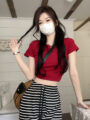 Áo croptop nữ cổ tròn ôm body trơn ngắn tay chất thun gân form basic đủ màu TRẮNG/ĐEN/ĐỎ/NÂU - A0111T - Ảnh 1 màu Đỏ