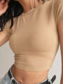 Áo croptop nữ cổ tròn ôm body trơn ngắn tay chất thun gân form basic đủ màu TRẮNG/ĐEN/ĐỎ/NÂU - A0111T - Ảnh 1 màu Nâu be