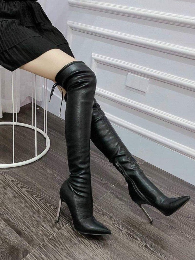 Boot đùi da gót nhọn đính đá A0501B màu đen - Ảnh 1
