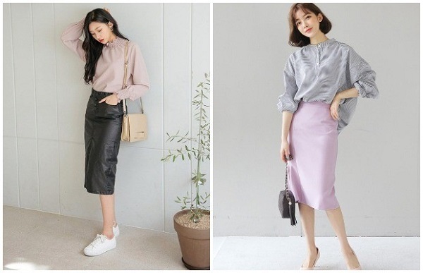 Chân váy dài đơn sắc là một trong những item kinh điển của những cô nàng công sở Hàn