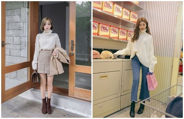 Thời trang công sở mùa đông xinh xắn cùng áo cổ lọ kết hợp với chân váy hoặc quần jeans