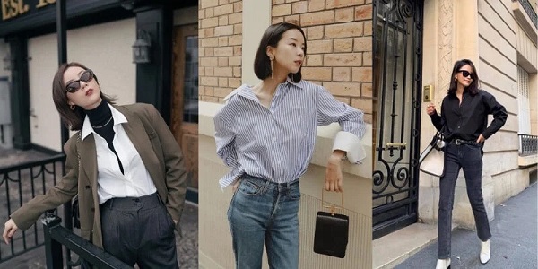 Nàng công tóc ngắn mặc áo sơ mi mix quần skinny