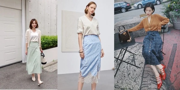 Nàng công tóc ngắn mặc áo cổ V mix chân váy midi