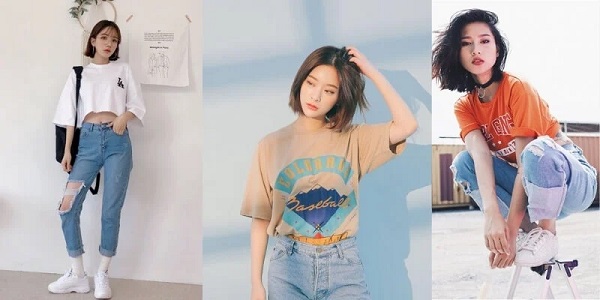 Nàng công tóc ngắn mặc áo phông mix quần jean