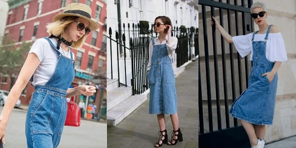Nàng công tóc ngắn mặc váy yếm jean mix giày thể thao
