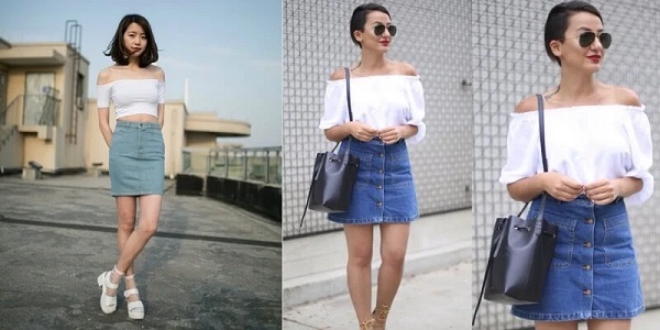 Nàng công tóc ngắn mặc áo trễ vai mix chân váy jean chữ A