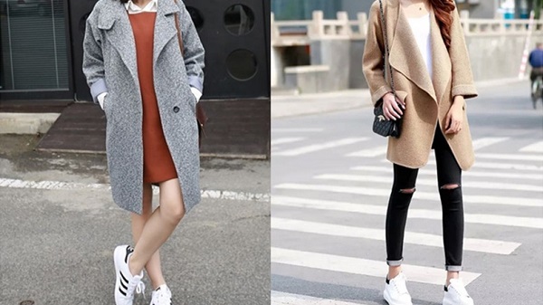Phối áo khoác dạ công sở và giày thể thao