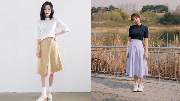Phối chân váy dài công sở và giày thể thao
