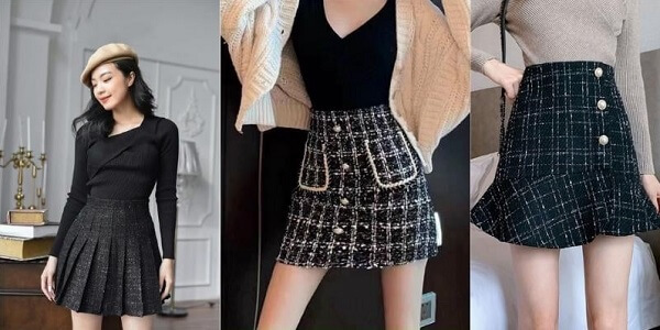 Những chiếc chân váy dạ tweed đen cực sang chảnh khi phối với áo phông