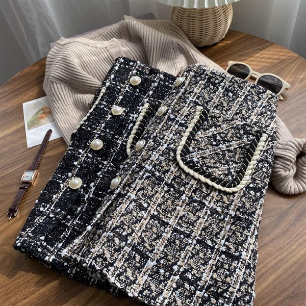 Chân váy dạ tweed đính ngọc sang chảnh