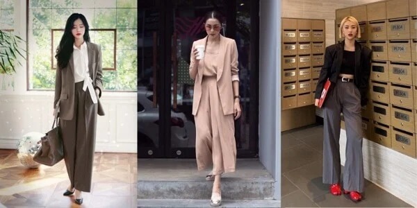 Áo blazer mix với quần ống rộng