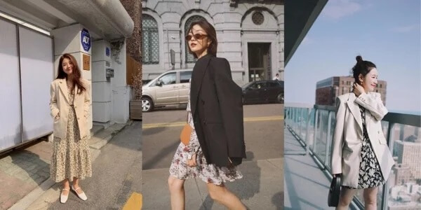 Áo blazer mix với váy hoa nhí