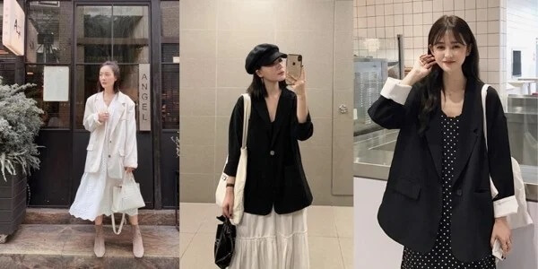 Áo blazer mix với váy suông dài trơn